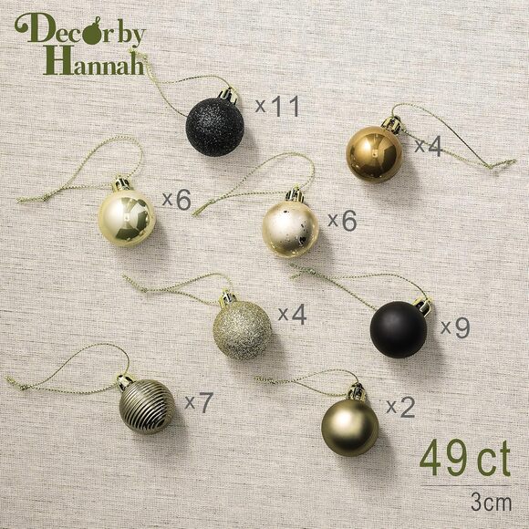 Decor by Hannah Black & Gold Christmas Baubles 49pc 30mm Shatterproof Ornaments - Picture 3 of 4